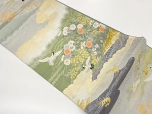 秋草・鶴・風景模様織り出し袋帯